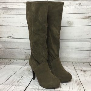 Taupe High Heel Tall Below Knee Boots